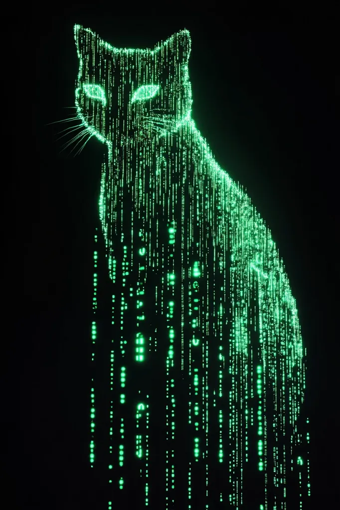 A digital rendering of a cat, constructed of glowing green pixels, is depicted against a black background. The pixels form vertical lines, cascading downwards like digital rain. The cat's outline and facial features are clearly visible, despite the pixelated construction. The image evokes a sense of digital animation and technology.