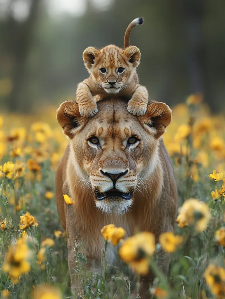 A large lioness stands in a field of yellow wildflowers, with a small lion cub perched on her head. The cub's face is visible, with big, innocent eyes. The lioness's expression is serious, but her gaze is soft. The image portrays a strong bond between mother and child.  The background is a blur of green foliage, creating a sense of depth and focus on the lions.