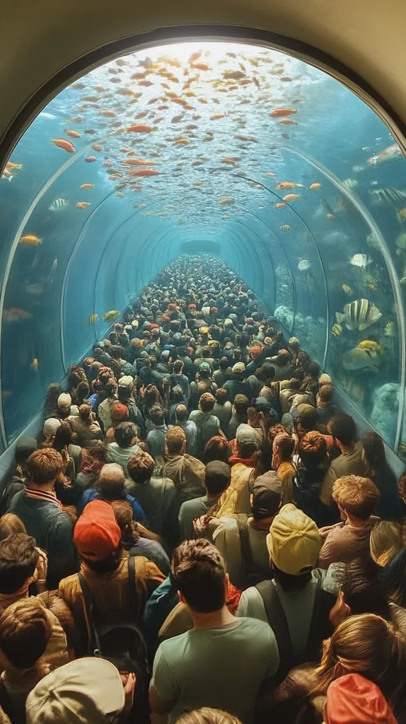 A large crowd of people are standing inside a cylindrical aquarium tunnel, gazing up at a vast school of fish swimming above them. The tunnel is made of glass, and the water is clear and blue. The people are diverse in age and dress, and they seem to be enjoying the view. The scene is peaceful and serene.