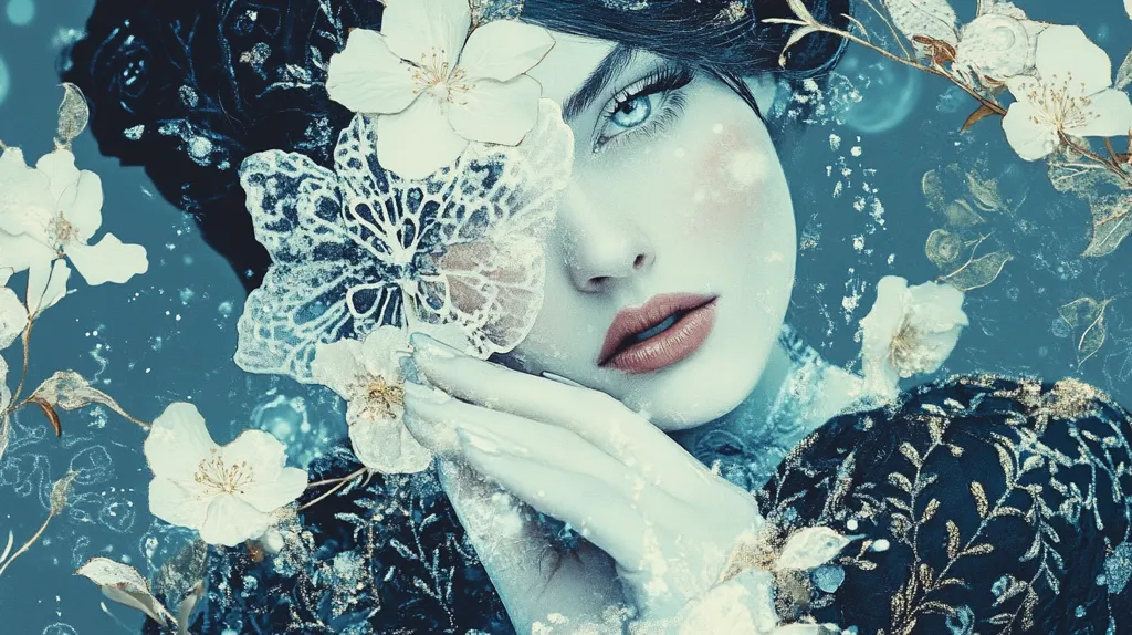 A woman with pale skin and blue eyes stares intensely at the camera, her face partially obscured by a delicate white flower. The background is a blur of blue and white, with delicate white flowers scattered throughout. The image has a dreamy, ethereal quality.  The woman's skin is smooth and flawless, and her lips are painted a soft pink. The overall effect is one of beauty and fragility.