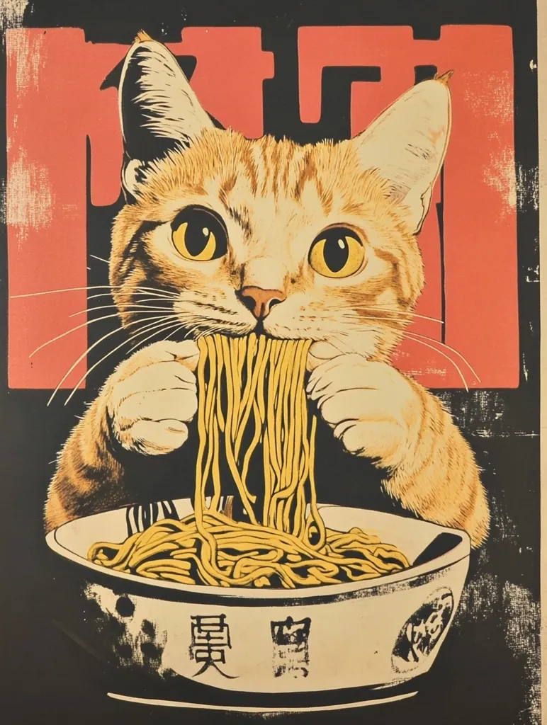 A stylized illustration of a cat in a black and red frame, eating noodles from a bowl with chopsticks.  The cat has large eyes and is depicted in a cartoonish style. The bowl of noodles has Asian characters written on it.  The image has a retro feel.