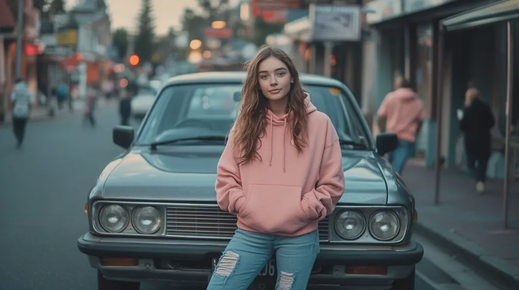 A young woman with long, wavy brown hair wears a pink hoodie and ripped blue jeans. She stands in front of an older model car on a city street.  The car is grey with a chrome grill and headlights. In the background, other people walk down the street, while buildings and shops line the sidewalks. The image has a soft, faded look.