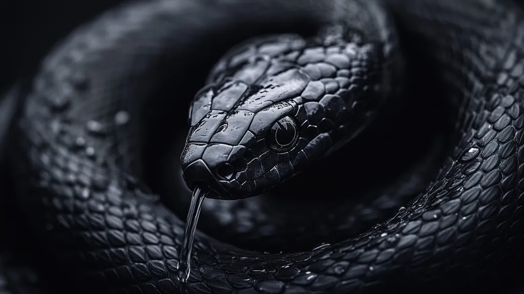 The image shows a close-up of a black snake. It is coiled, and its scales are visible. The snake's head is tilted towards the viewer, and its eye is glinting. The snake's body is covered in water droplets. The background is dark, making the snake stand out. The image is well-composed and the lighting is excellent.