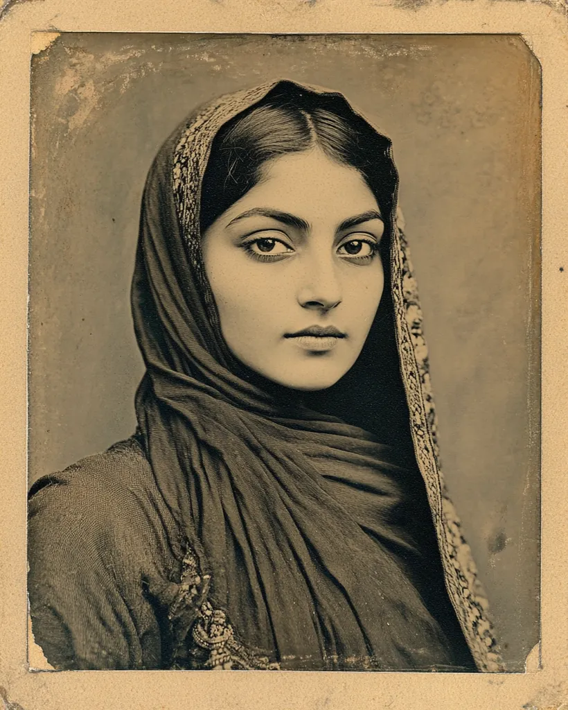A young woman with dark hair and eyes gazes directly at the camera.  She is dressed in a traditional headscarf that is draped over her head and shoulders.  The image is a sepia-toned photograph, likely from the 19th century, and shows signs of age and wear.