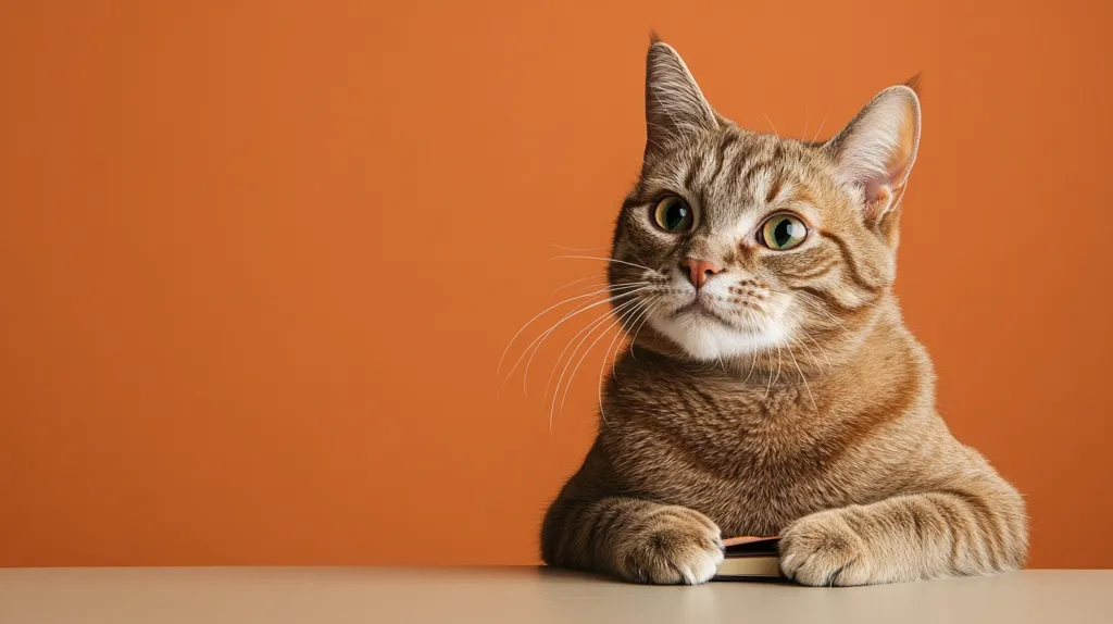 A tabby cat with green eyes sits on a table in front of an orange background. It is looking off to the left side of the frame with a curious expression. It has one paw resting on a small, brown object. Its fur is soft and fluffy.  The cat is sitting in a relaxed and comfortable posture.