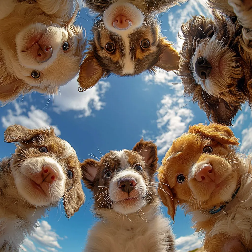 Six adorable puppies are gathered in a circle, looking up at the camera with big, curious eyes. The puppies are of various breeds, each with their unique markings and fur colors. The background is a bright, blue sky with fluffy white clouds. The puppies seem to be enjoying the warm sunshine and each other's company. Their playful expressions and the bright colors of the image create a joyful and heartwarming scene.