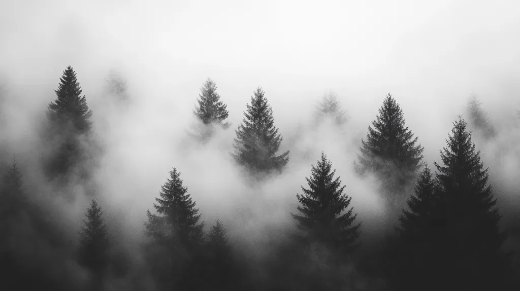 A black and white photograph of a misty forest. Tall, dark trees stand shrouded in fog, their silhouettes barely visible through the thick haze. The image evokes a sense of mystery and tranquility, with the fog creating an ethereal atmosphere.  The lack of color emphasizes the starkness of the landscape, highlighting the contrast between the dark trees and the light fog.