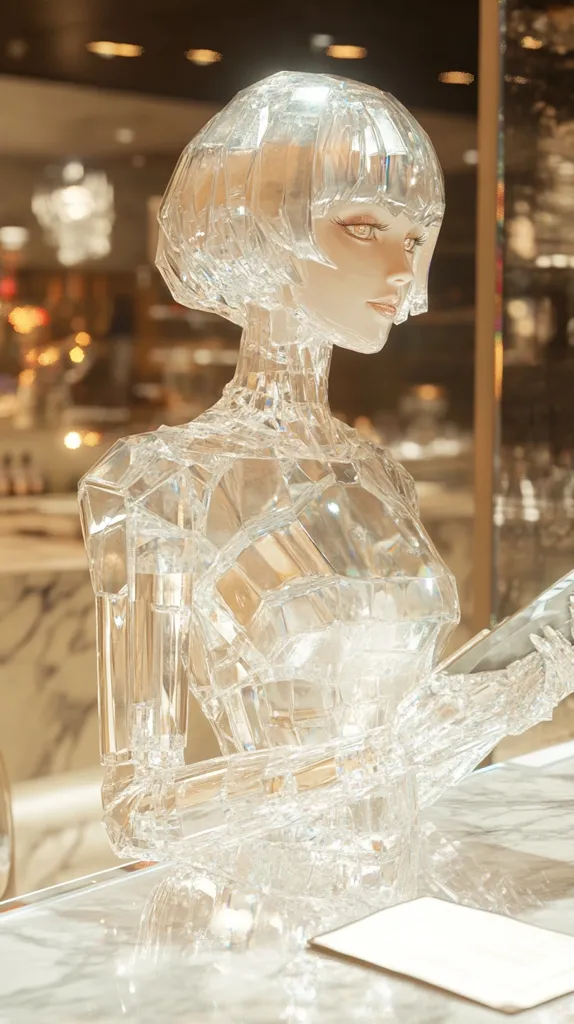 A crystalline sculpture of a woman stands on a white marble table. Her form is composed of shards of glass, creating a translucent, otherworldly figure. The sculpture's face is delicate, with defined features, and its hair is styled in a short bob.  The figure's right hand rests on a white surface, seemingly holding a book. The background is out of focus, suggesting a  store or gallery setting.  The overall image evokes a sense of artistry and ethereal beauty.