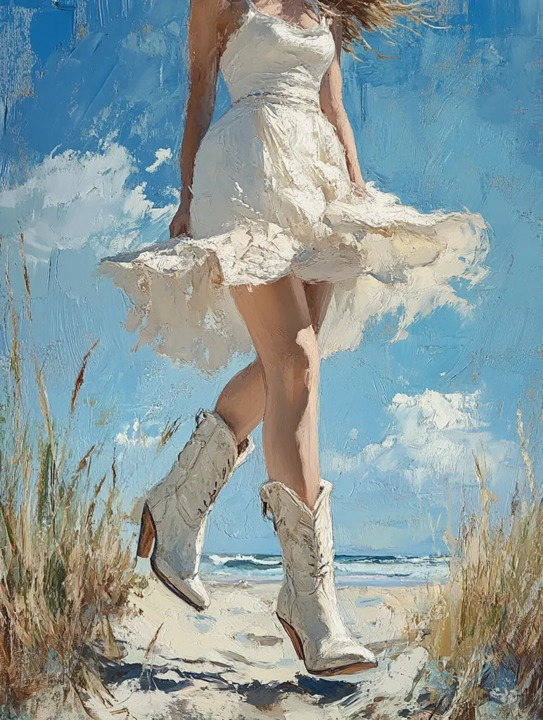 The painting depicts a woman in a white dress and cowboy boots walking on a beach with tall grass on either side of her. The sun is shining brightly, and the sky is a clear blue with white clouds. The woman's dress is flowing in the wind, and her hair is blowing in her face. The painting is done in a loose, impressionistic style, with thick brushstrokes and vibrant colors. The overall effect is one of carefree joy and freedom.