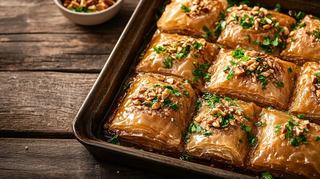 A close-up shot of a baking pan filled with baklava, a layered pastry dessert made with filo dough, nuts, and honey. The baklava is golden brown and glistening, and it is topped with chopped nuts and fresh parsley. The baklava is sitting on a wooden table, and there is a small bowl of nuts in the background.  The image is inviting and delicious-looking.