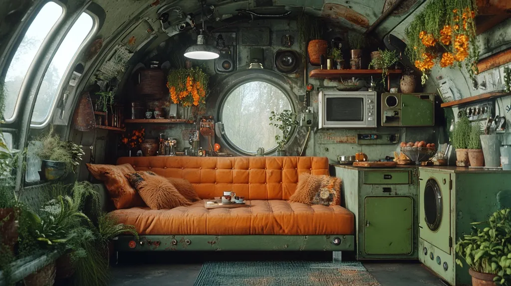The interior of a converted aircraft is seen, with a large orange sofa taking up most of the space.  The walls are a weathered green, with various plants and objects adding to the eclectic ambiance.  A round window provides a view to the outdoors while a microwave and kitchen cabinets complete the eclectic design.  The entire space has a unique and charming vintage feel.