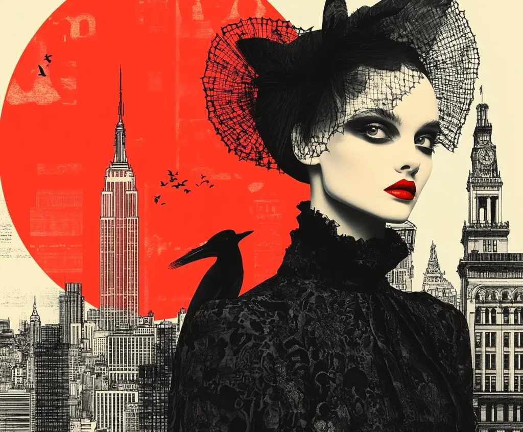 The image is a collage featuring a woman in a black dress and hat with a veil. She has dramatic makeup with red lipstick. In the background, a cityscape is visible, including the Empire State Building and a large red sun. A bird silhouette is partially visible in the foreground, adding a touch of mystery. The image has a gothic and vintage aesthetic.