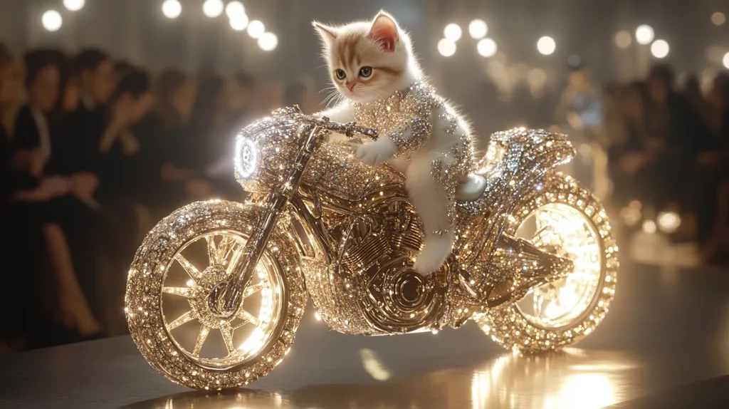 A small, white kitten, wearing a diamond-encrusted outfit, sits on a diamond-encrusted motorcycle. The kitten's eyes are wide open, and it appears to be looking directly at the camera. The motorcycle is a gleaming gold color, and it is sitting on a pedestal. The image is out of focus, but the kitten and the motorcycle are sharp.