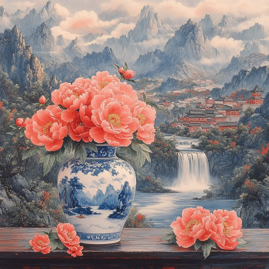 A beautiful bouquet of pink peonies are arranged in a blue and white porcelain vase, set against a scenic backdrop of a cascading waterfall and a distant, misty mountain range. The painting evokes a sense of tranquility and natural beauty.  The delicate flowers and intricate vase details contrast with the grandness of the landscape, creating a captivating balance.