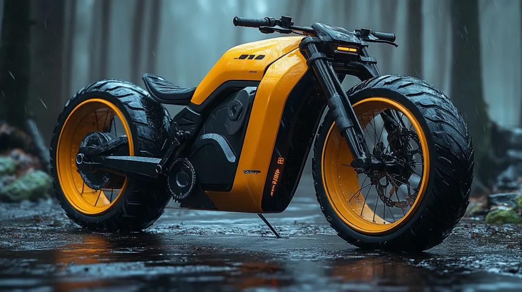 A futuristic-looking motorcycle with a yellow body and black accents sits in a forest setting. The motorcycle has large, knobby tires and a sleek design. Raindrops fall on the ground around the bike, creating a sense of motion and energy. The overall image is one of speed and power.