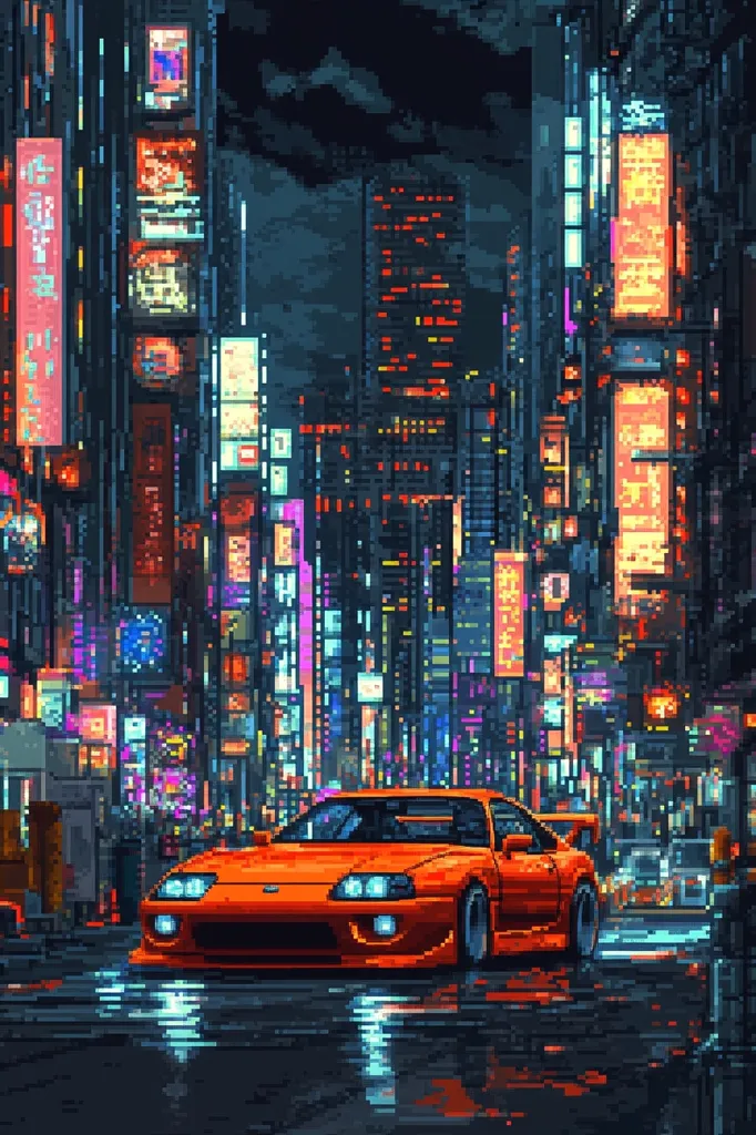 A pixelated image of a red sports car driving down a street in a neon-lit city at night. The car is in the foreground, and the city buildings are in the background. There are many signs and lights, making the city look very busy and bustling.  The image has a retro, video game aesthetic.  The scene is reminiscent of a popular video game or film.