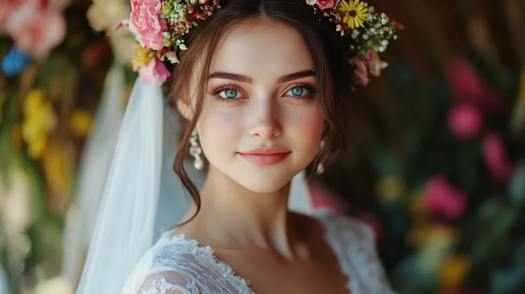A young woman with long dark hair wears a white wedding dress, a veil and a floral crown with pink and yellow flowers. She has beautiful blue eyes and a gentle smile. The background is blurred with out of focus colorful flowers.  She looks happy and serene.