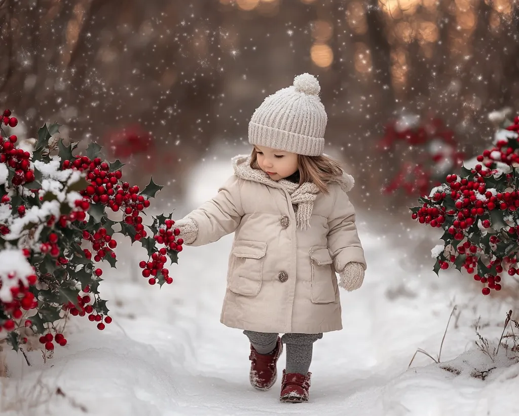 A young girl in a white coat and knitted hat walks through a snowy forest. She reaches out with her gloved hand to touch a holly bush laden with red berries. Snowflakes fall gently around her, creating a magical winter scene.  The girl's innocent expression adds to the charm of the image.