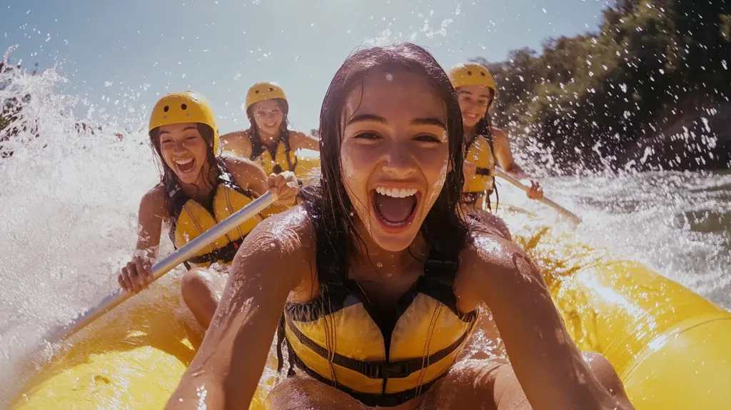 A young woman in a yellow life vest and helmet is rafting down a river. She is smiling and laughing as she paddles with an oar. There are two other people in the raft behind her. The water is splashing all around them, and the sun is shining brightly. They look to be having a lot of fun on this whitewater rafting adventure.