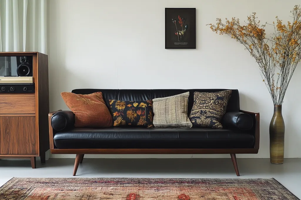 A black leather sofa with wooden legs sits in a minimalist living room. It is decorated with four throw pillows, one in a rust color, one with a floral pattern, one in a neutral beige, and one in a dark patterned fabric. A wooden cabinet with an integrated speaker system sits next to the sofa. A framed botanical print hangs on the wall and dried flowers stand in a brown vase. A rug with an ornate pattern covers the floor.