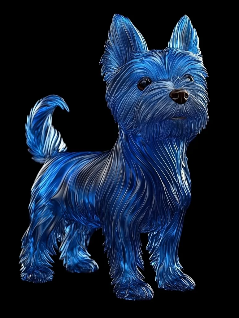 A 3D rendering of a Yorkshire Terrier dog. The dog is made of blue, flowing, and rippling lines, giving it a fluid, abstract appearance. It is standing on a black background. The dog's fur is long and flowing, and its eyes are large and dark. It has a cute, innocent expression.