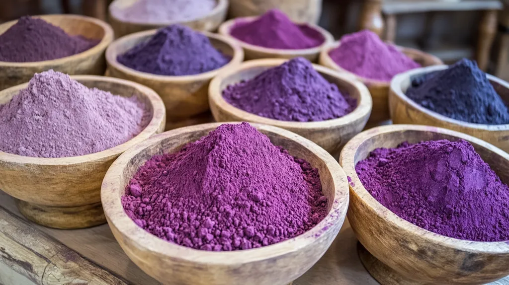 A collection of wooden bowls, each filled with a different shade of purple powder. The powder is likely a spice or food coloring, and the bowls are arranged on a wooden table, creating a vibrant display of purple hues. The image captures the beauty and diversity of colors found in nature.