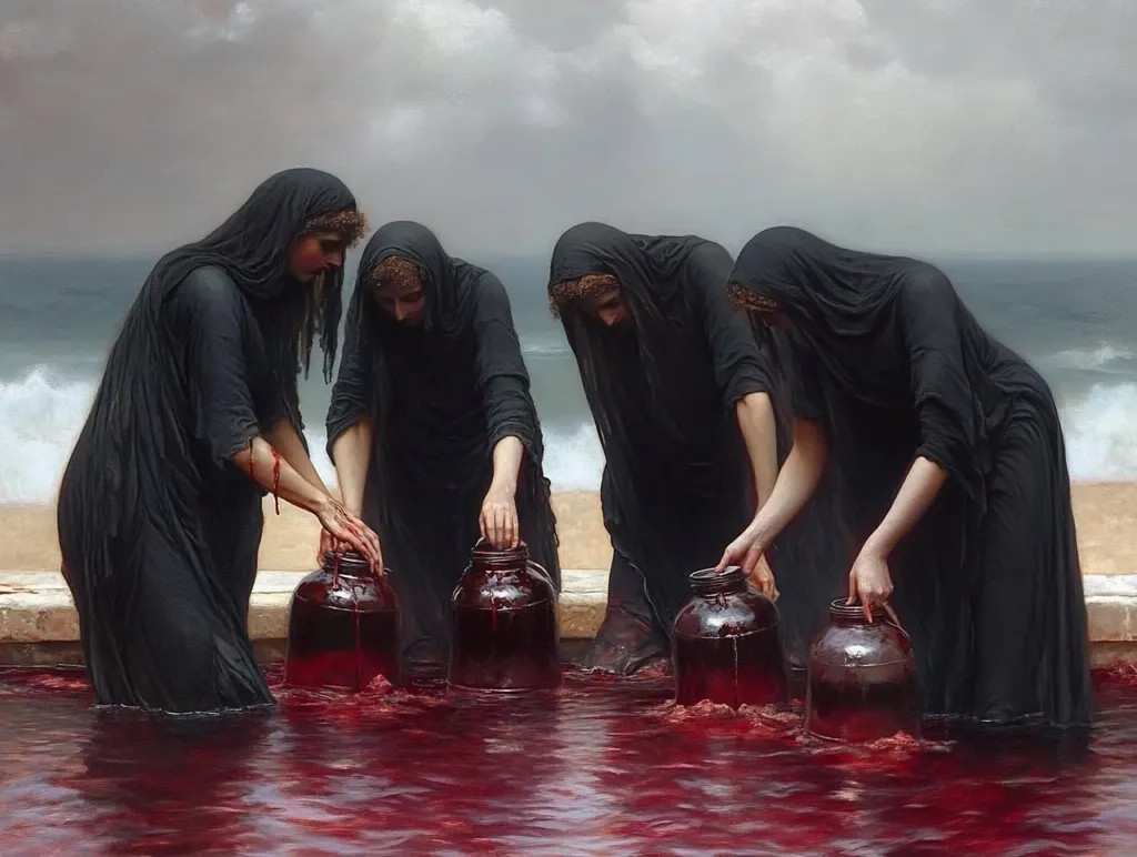 Four women in black robes stand in a blood-red pool, pouring liquid from clay jars. The setting is a beach with waves crashing in the background and a cloudy sky above. The women's faces are obscured by their hoods, adding to the mysterious and foreboding atmosphere. The red liquid is reminiscent of blood, suggesting a ritual or sacrifice.  The image is dark and evocative, leaving the viewer to interpret its meaning.