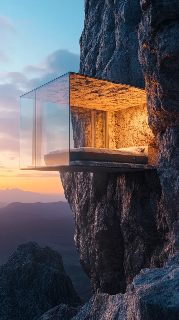 A modern, glass-walled bedroom is perched on a sheer cliff face, overlooking a vast, purple-hued mountain range. The sky is a soft blend of orange and blue, suggesting a peaceful sunrise. The interior of the bedroom is lit with warm, inviting light, creating a stark contrast with the rugged, natural exterior. The image evokes a sense of isolation, adventure, and breathtaking views.