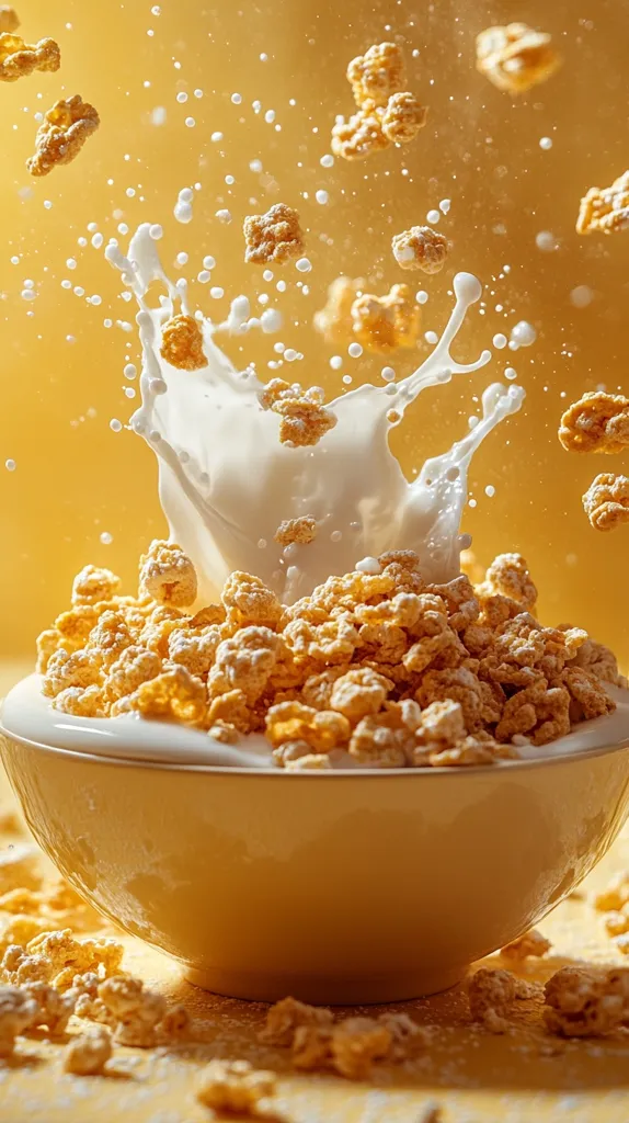 A bowl of cereal with milk is shown, with a splash of milk shooting up from the bowl.  The cereal is scattered around the bowl, and there are some pieces of cereal floating in the air. The background is a soft yellow color, and the entire scene is lit with a warm, inviting glow. The focus is on the cereal and the splash of milk, creating a feeling of delight and happiness.