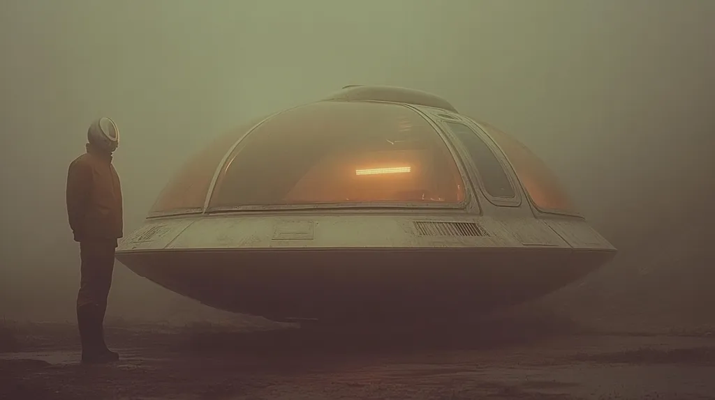 A lone figure in a helmet stands in front of a futuristic, rounded, spaceship. The ship is nestled in a hazy, desolate landscape.  The image has a retro-futuristic, vintage style, evoking a sense of mystery and wonder.  The scene is reminiscent of a sci-fi film or novel.
