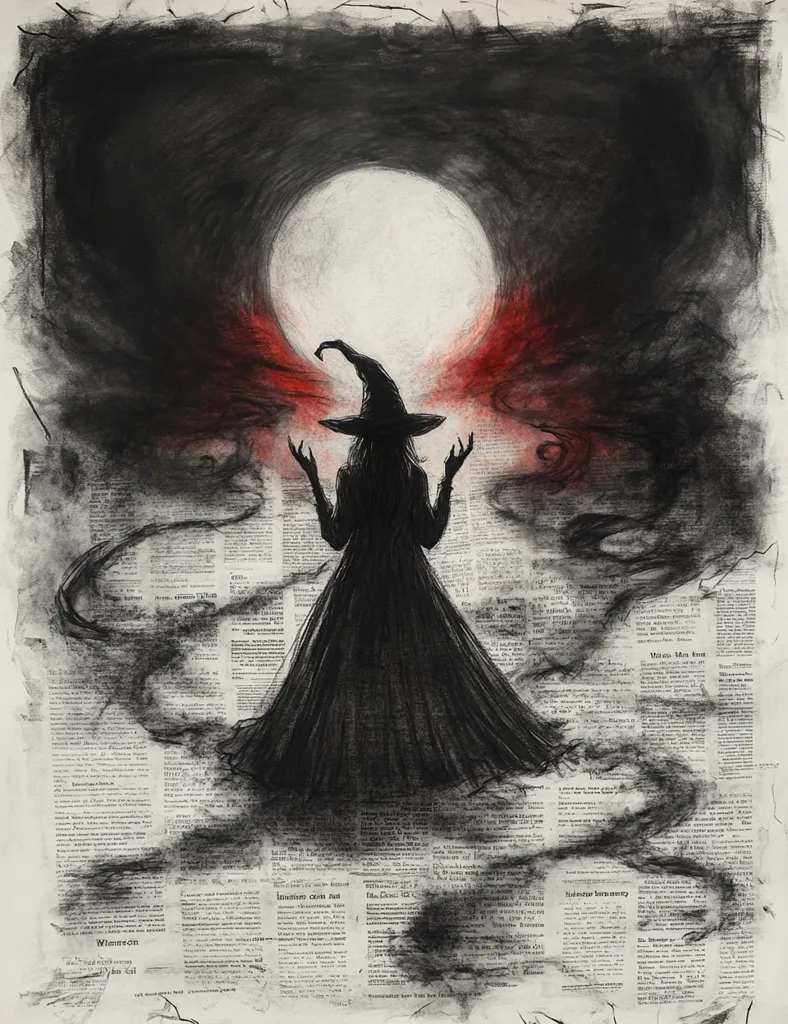 A witch stands silhouetted against a large, full moon. Her long black dress billows behind her, and she raises her hands to the sky, as if casting a spell.  The background is filled with red and black smoke and swirled dark grey shapes, obscuring the background, which is a blurry image of a newspaper article. The image is drawn with a combination of charcoal and red pastel.  The overall impression is dark and mysterious.