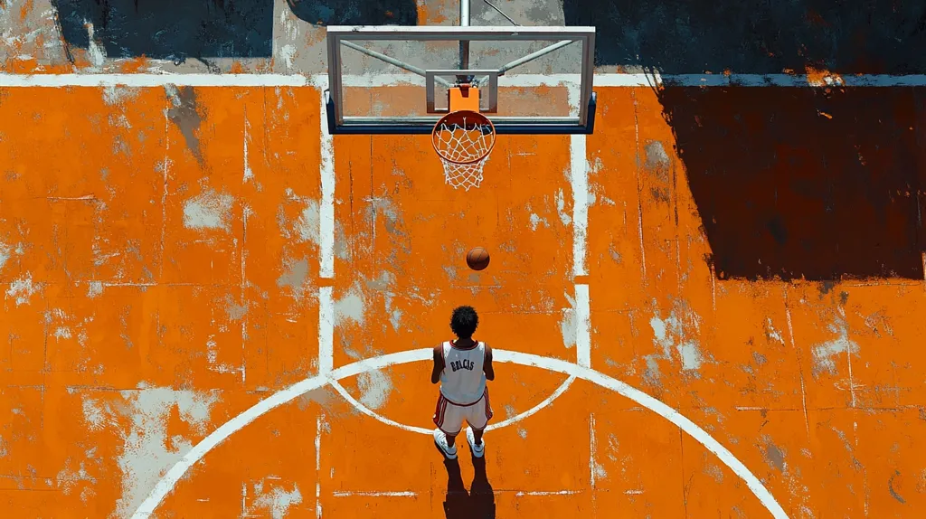 A basketball player stands alone on an orange and white basketball court. The player is facing the basket, which is above him. The player is wearing a white jersey with the word "Bucks" on the front.  The court is worn and weathered, but the basket is still in good condition. The player is preparing to shoot the ball.  A basketball is in the air, seemingly just having been shot.  The image is a simple but powerful representation of the sport of basketball.