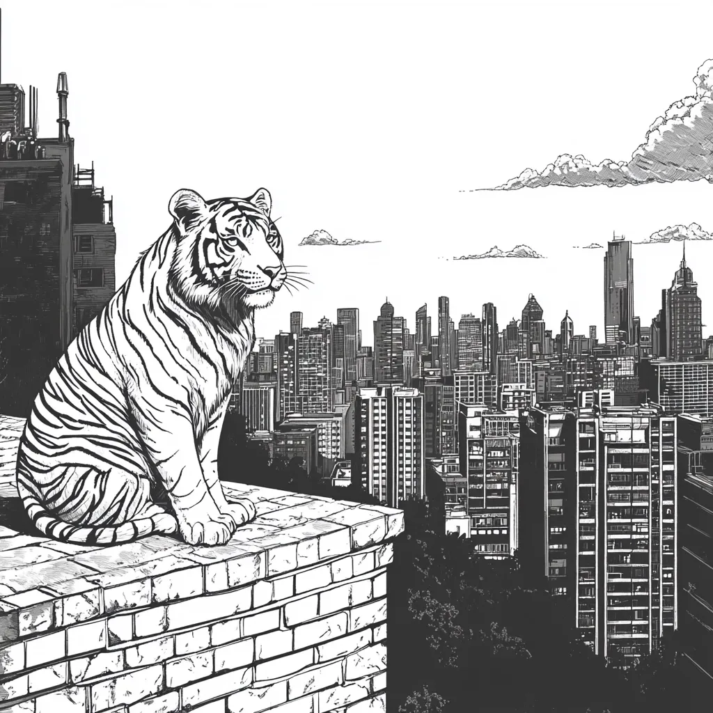 A white tiger sits on a rooftop in a city, looking out over a sprawling cityscape. The buildings stretch out as far as the eye can see, with a few towering skyscrapers reaching for the cloudy sky. The image is rendered in a stark black and white, creating a sense of urban grit and the tiger's powerful presence. The tiger's relaxed posture contrasts sharply with the busy cityscape, evoking a sense of peace amidst the urban chaos.