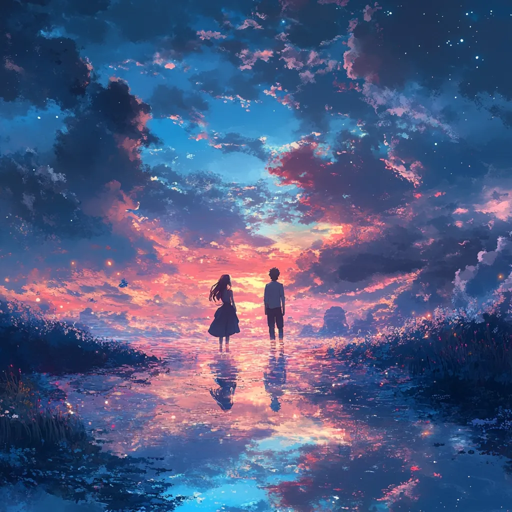 A couple stands in a field of flowers, silhouetted against a breathtaking sunset. The sky is a canvas of pink, orange, and blue, dotted with twinkling stars. The couple's reflections shimmer on the surface of a still lake, creating a magical and romantic atmosphere. The image evokes a sense of peace, tranquility, and love.