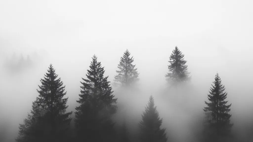 The image is a black and white photograph of a forest shrouded in thick fog. The tall, dark silhouettes of evergreen trees are barely visible through the mist, creating a sense of mystery and isolation. The fog blankets the entire scene, leaving only the tops of the trees peeking out. The image evokes a feeling of tranquility and solitude.