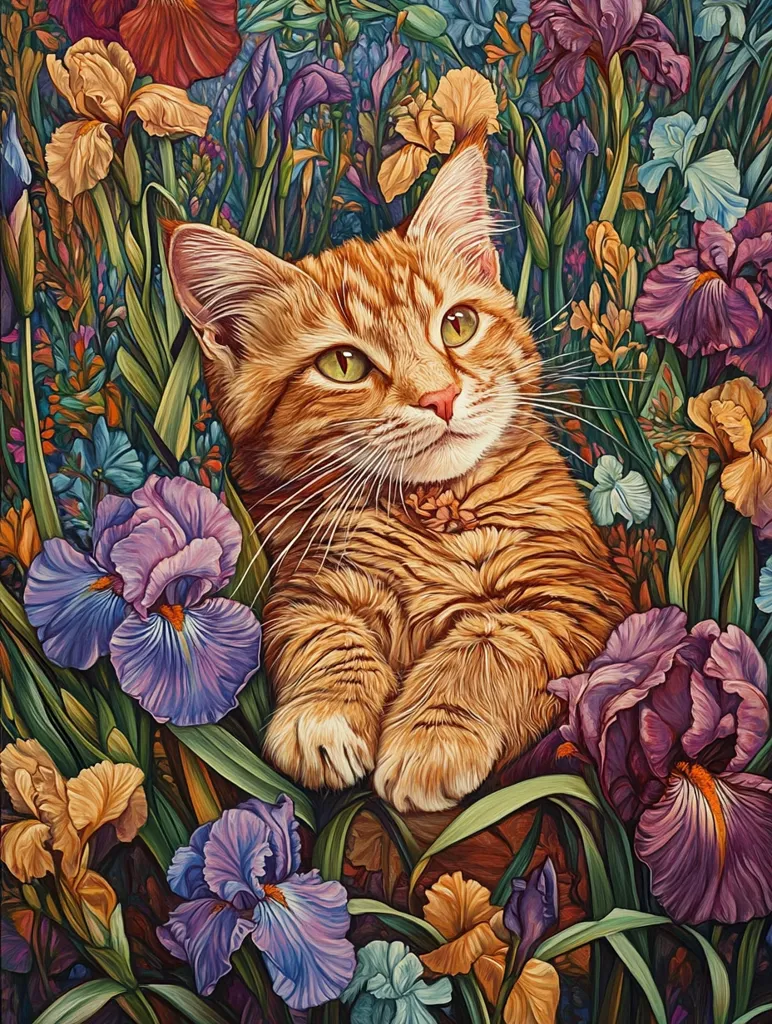 A ginger cat with green eyes lies amongst a lush garden of purple, yellow, and blue iris flowers. The cat's fur is soft and fluffy, and its paws are tucked under its chin. The flowers are in full bloom, and their petals are delicate and colorful. The scene is peaceful and serene, and the cat appears to be enjoying its surroundings. The painting is full of vibrant colors and intricate details.  The artist has captured the beauty of both the cat and the flowers.