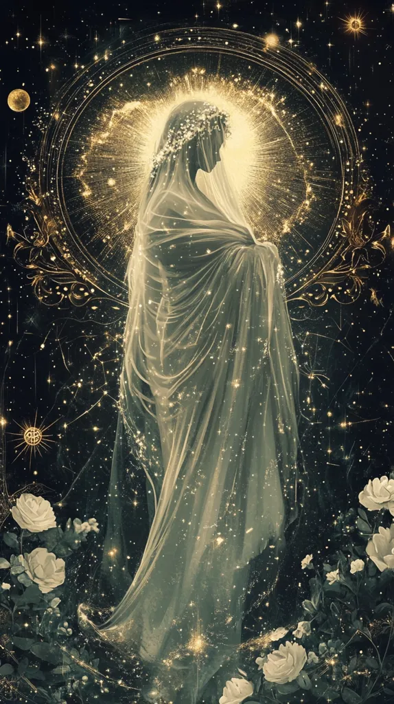 The image depicts a woman cloaked in a shimmering veil, standing amidst a backdrop of twinkling stars and a celestial circle. The woman's ethereal form is bathed in golden light, creating a sense of otherworldliness. Delicate white flowers bloom at the bottom of the image, adding a touch of earthly beauty to the cosmic scene. The overall effect is dreamlike and evocative, suggesting a spiritual or mystical connection between the human and the divine.