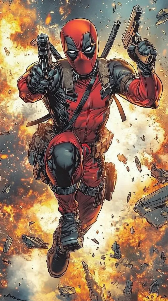 Deadpool, the Marvel superhero, is depicted in a dynamic pose against a backdrop of fiery explosions. He is clad in his signature red and black suit, holding two pistols, and  his mask is slightly pulled back revealing his menacing eyes.  The image captures the character's action-packed and humorous nature.  The overall composition  gives a sense of chaotic energy and motion.