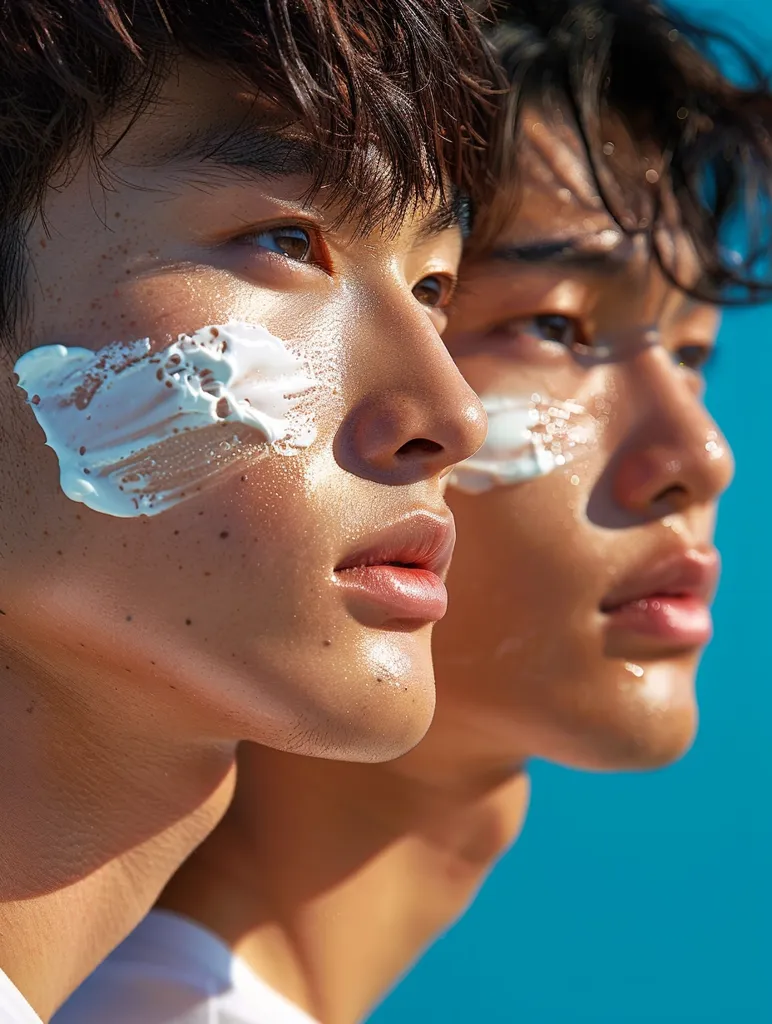 Two young men with dark hair and tanned skin are close together, their faces partially obscured by white sunblock. They are looking off to the side, the man in the foreground has a serious expression, while the man in the background has a softer look. The blue background creates a feeling of summer and the outdoors.  The focus on their skin and the sunblock suggests a focus on skincare and sun protection.