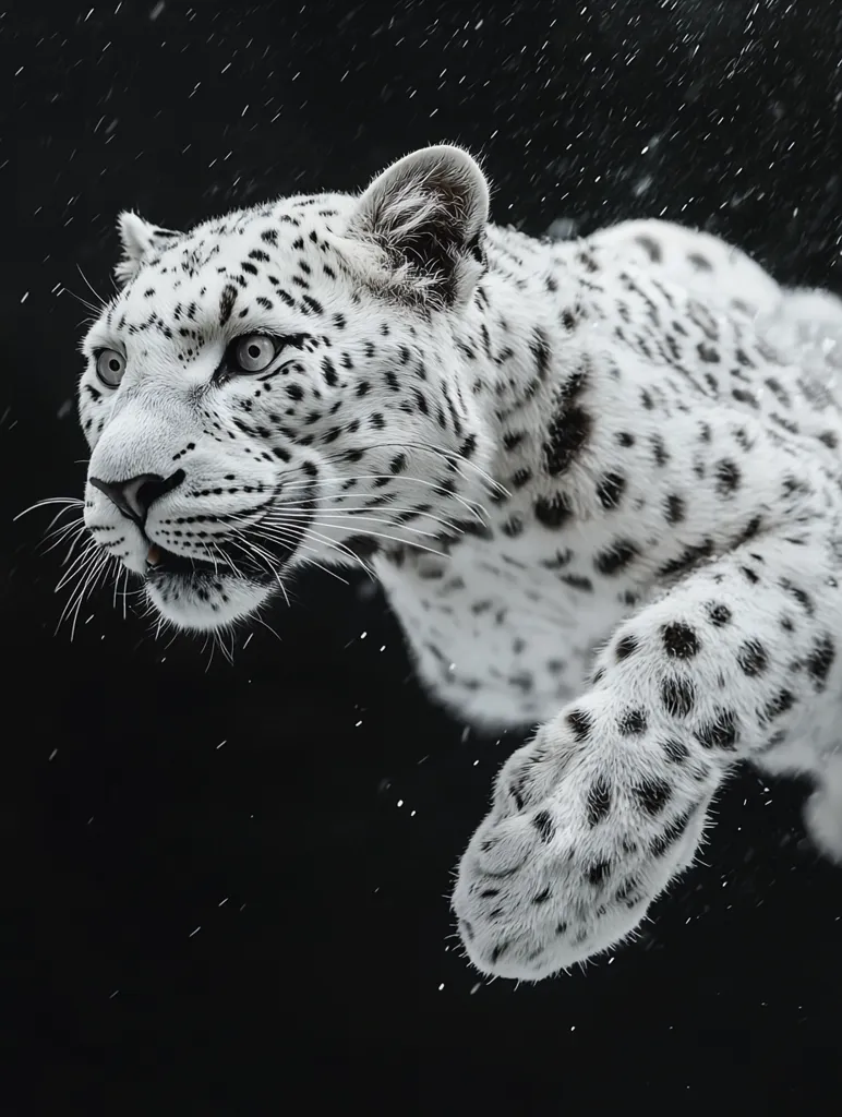 A white and black leopard with piercing blue eyes is captured mid-leap against a black backdrop of falling rain. The animal's powerful muscles are evident in its outstretched leg, and the focus is on the intense gaze, a predator's focus. The image is a study in contrasts, the white fur against the dark background, the sharpness of the animal's features juxtaposed with the gentle falling rain.