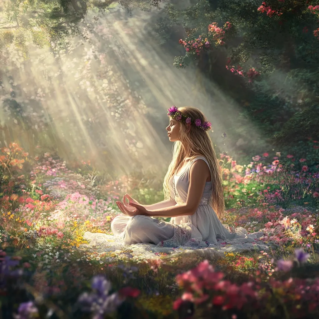 A woman sits in a meditative pose in a field of wildflowers, sunlight beaming through the trees above her. She wears a white dress and a floral crown, her blonde hair flowing down her back. The scene is peaceful and serene, with soft light and vibrant colors.  The woman's expression is calm and centered, conveying a sense of tranquility and connection with nature.