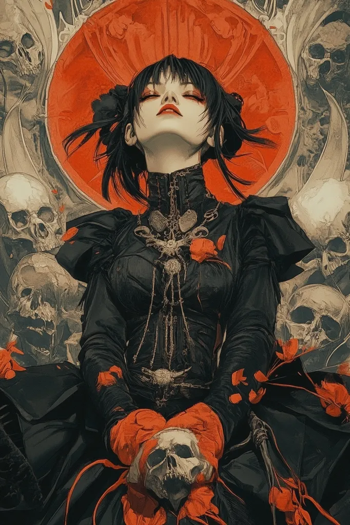 A woman with long black hair, wearing a black dress with intricate gold jewelry, holds a skull in her gloved hands. She is surrounded by skulls and a large red circle behind her. The overall mood is dark and gothic, with a hint of mystery.  The image suggests themes of death, power, and the macabre.