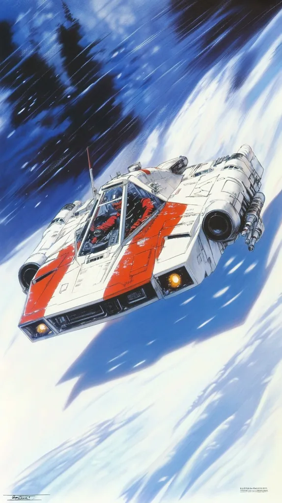 A futuristic, red and white spaceship with a single pilot is flying through a snowy, blue and white atmosphere. The spacecraft has a distinct red stripe down the side and a large, round engine.  The pilot is visible in the cockpit, wearing a red jumpsuit. The background is filled with motion lines, suggesting speed and movement.