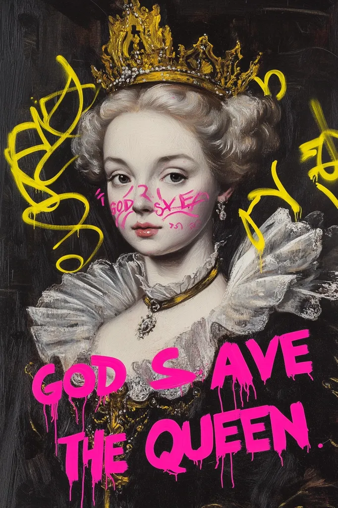 The image depicts a woman in a gold crown and ornate clothing, with a serious expression. Her face is partially obscured by graffiti in pink and yellow, including the phrase "God Save The Queen" written in large, dripping pink letters below her. The background is a dark, almost black, and the image gives a sense of rebellion and subversion.