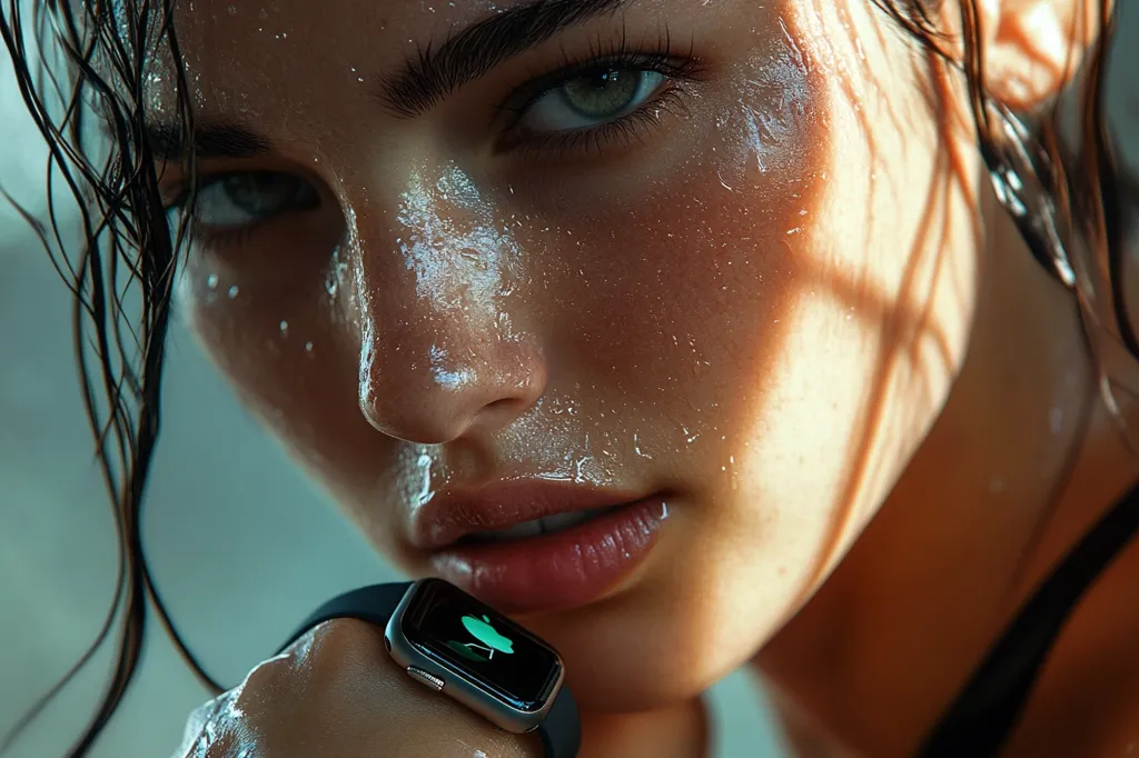 A close-up shot of a woman's face, glistening with sweat. Her dark hair is wet, and her eyes are intense. A smartwatch is visible on her wrist. The image captures the raw energy and exertion of a workout.  The woman's determined expression suggests dedication and resilience.