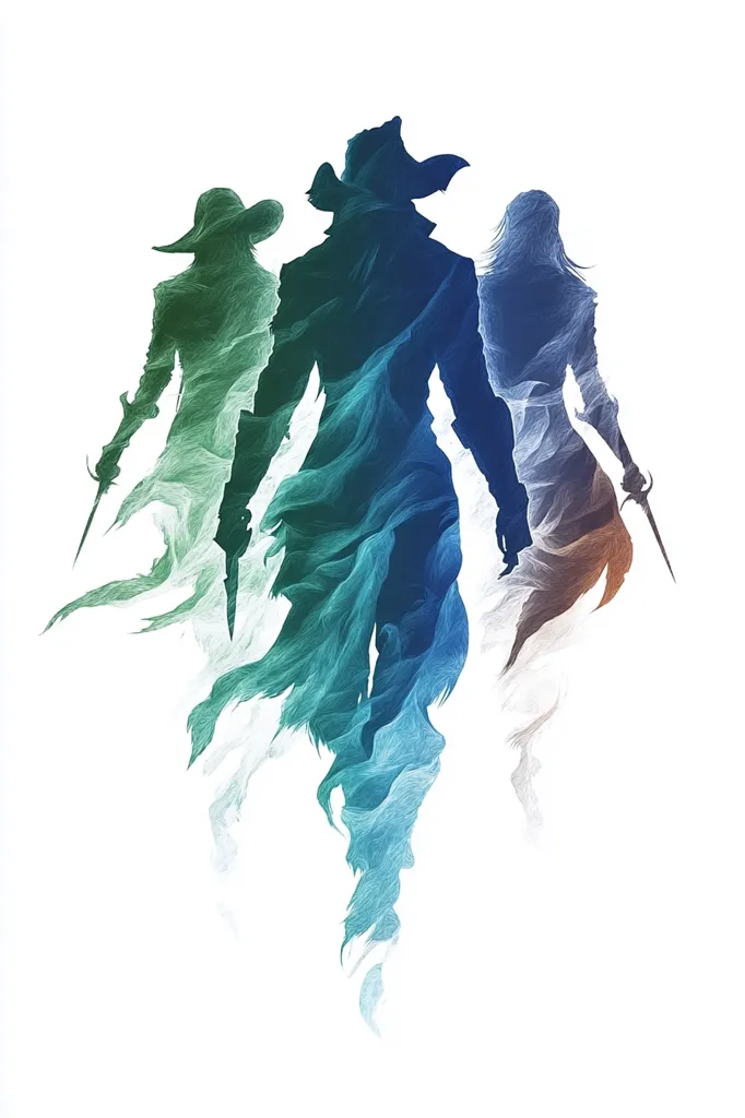 Three figures are depicted in silhouette, their forms fading into a swirling, ethereal mist. The central figure is the most prominent, with a large hat, and is depicted in blue and green hues. The other figures are to the left and right, one in green and one in blue. The overall effect is that of a hazy, otherworldly scene.