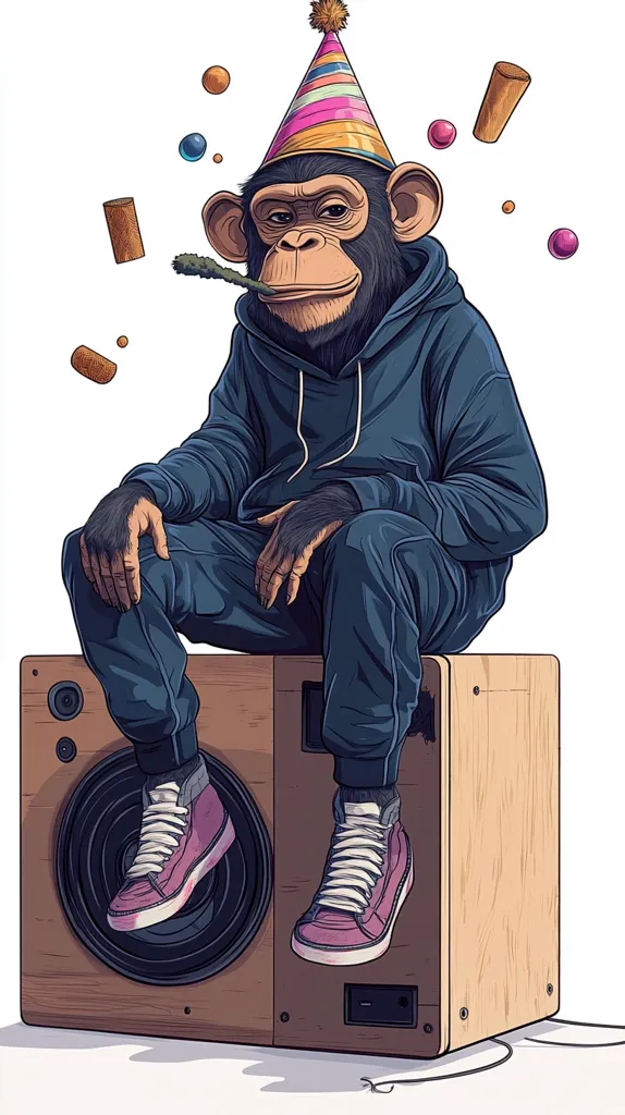 A cartoon illustration of a chimpanzee wearing a blue hoodie and a party hat, sitting on a wooden box with speakers. The chimpanzee is wearing sneakers and has a cigar in its mouth. There are colorful confetti and party streamers scattered around. The image has a humorous and playful tone.