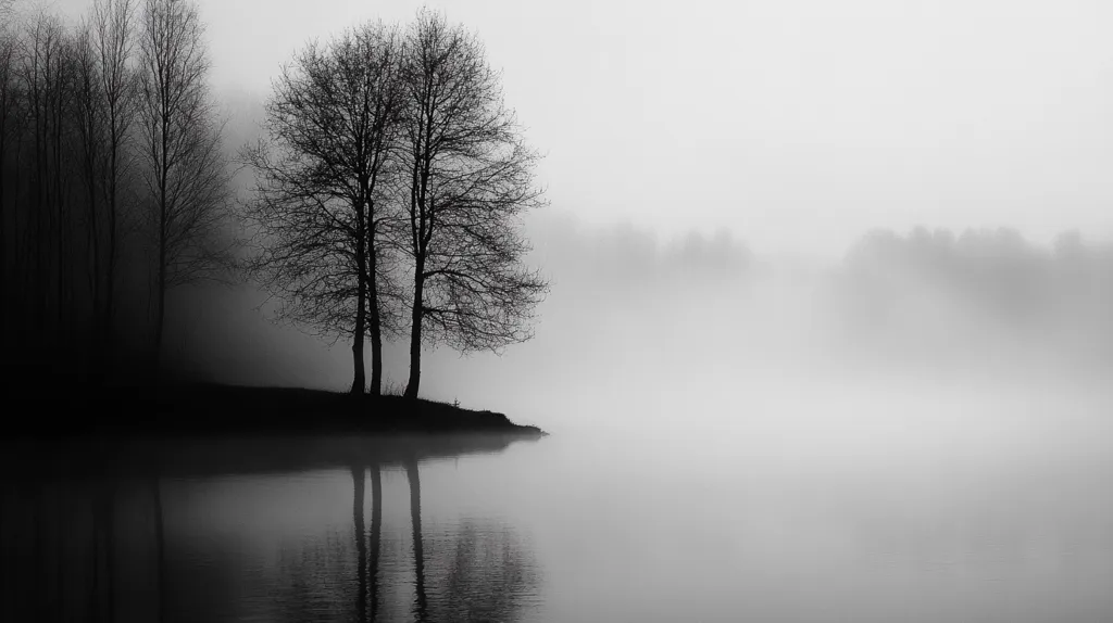 The image is a black and white photograph of a misty scene. Two trees stand silhouetted against the fog, their branches reaching towards the sky. The fog obscures the surrounding landscape, leaving only the trees and the water visible. The atmosphere is serene and peaceful, with the fog adding a sense of mystery and depth. The image is composed simply, with the trees and water taking center stage. The lack of color enhances the feeling of isolation and tranquility.