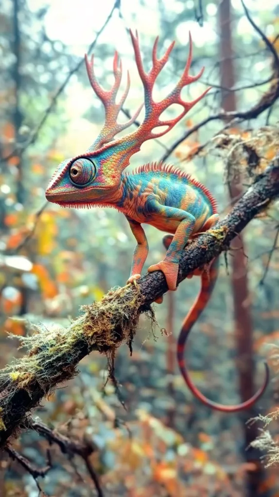 A fantastical chameleon with large antlers perches on a moss-covered branch in a forest. The chameleon is brightly colored with blue, orange, and red hues, and its eyes are wide and alert. The background is a blur of green and brown, suggesting the creature is well camouflaged in its natural habitat. The image has a dreamlike, magical quality.