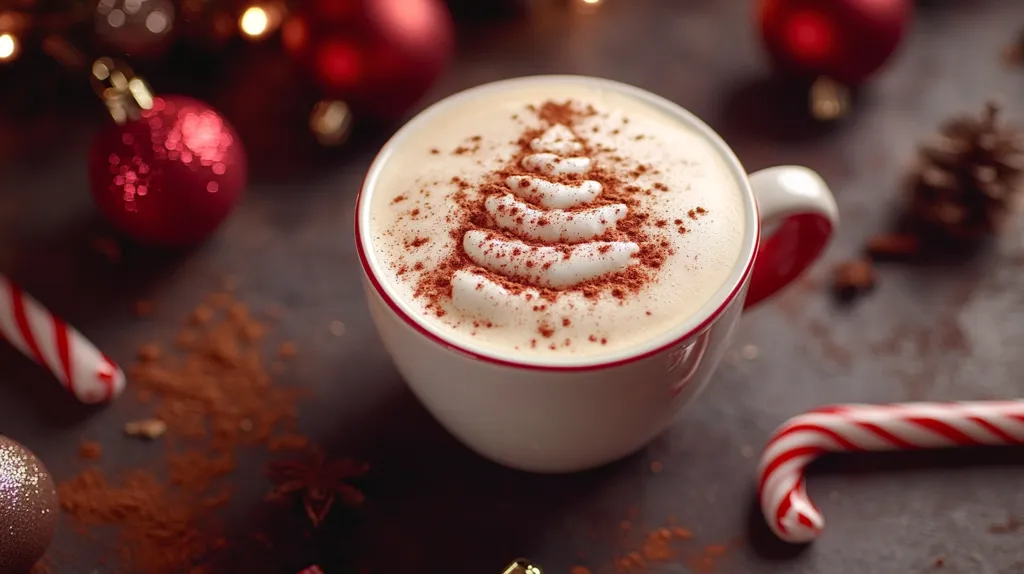 A cup of coffee with a festive Christmas tree design on top, made with whipped cream and sprinkled with cinnamon. The coffee is set on a dark surface with red ornaments, candy canes and a sprinkle of cinnamon. The scene is warm and inviting, perfect for the holidays.